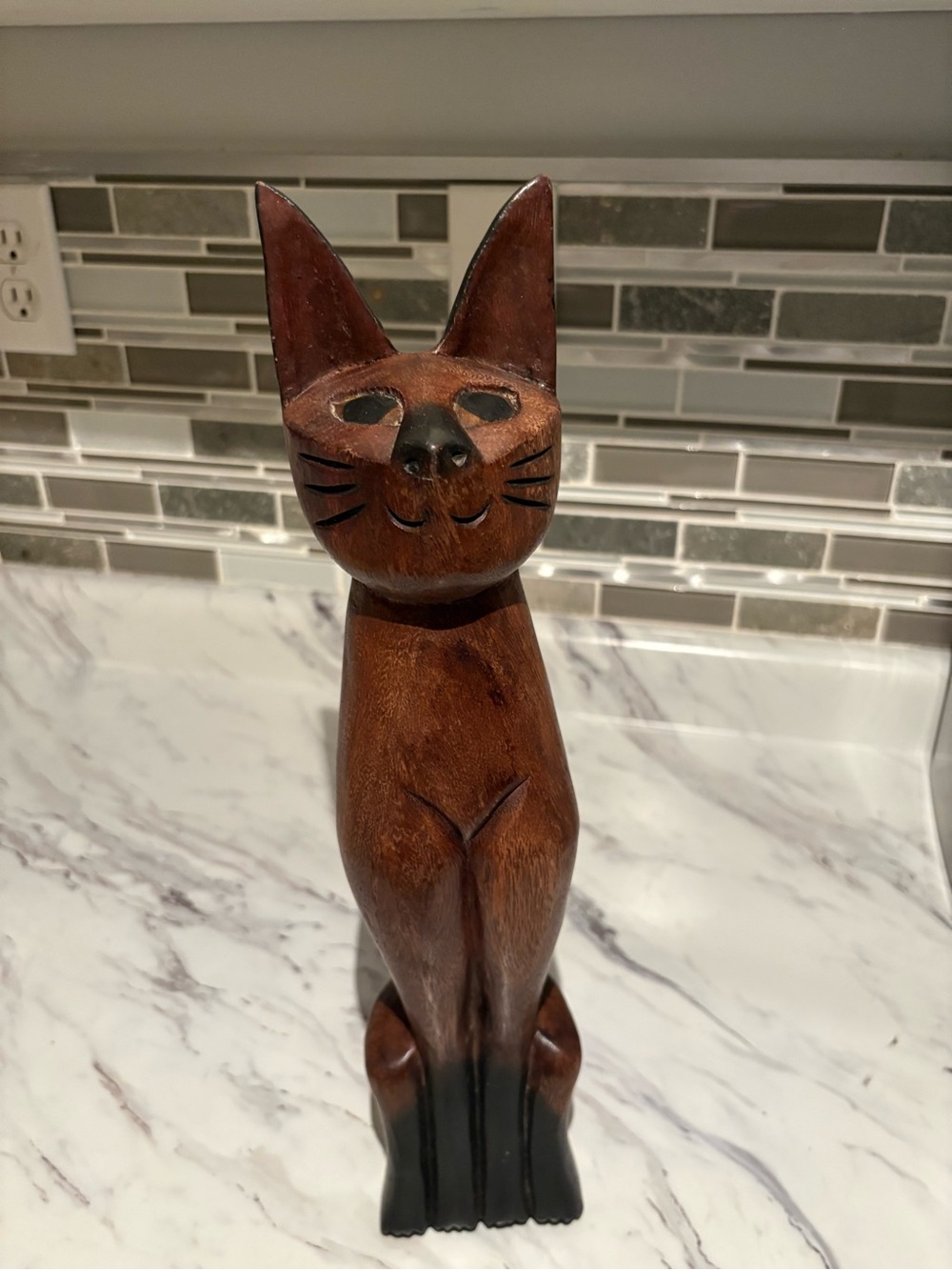 Vintage Cat hand carved wood primitive blends with MCM kitty cat carving 15”